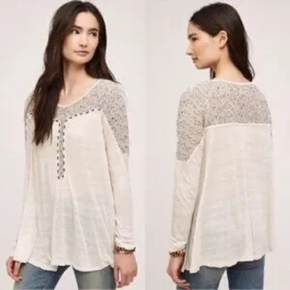 Medium Meadow Rue Anthropologie Cream Lace Detail Women's Top